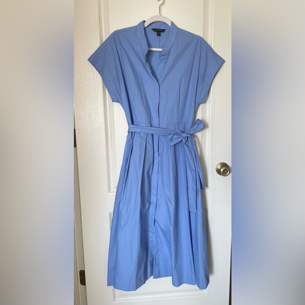 Banana Republic Poplin Short Sleeve Tie Waist Shirt Blue Work Midi Dress - Picture 5 of 9